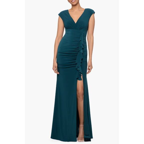 XSCAPE Women's Ruffle Front Gown Dress Size 4 Pine Green Long Dress NWT - Picture 1 of 13